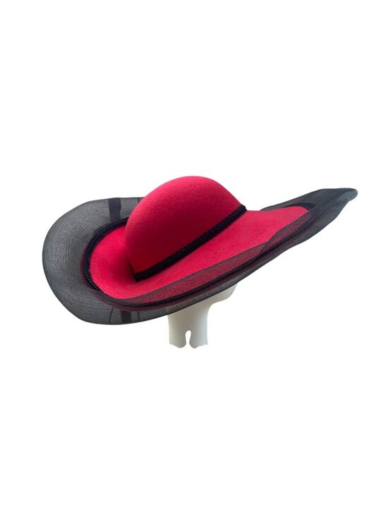 Wide Brim Red & Black Wool Fascinator Hat With Mesh Flower Detail Vintage Style main image 6